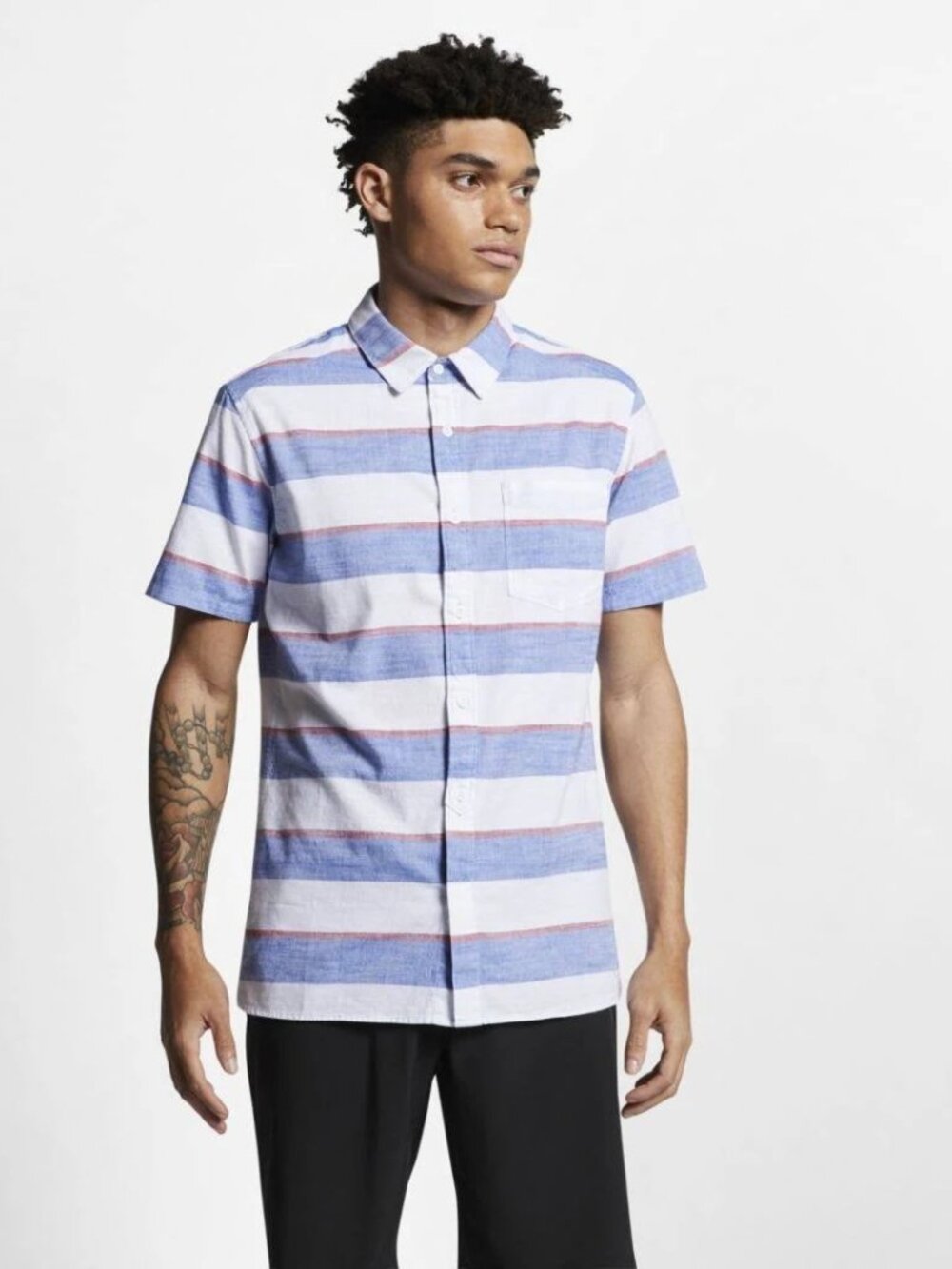 NWT $50 HURLEY White Blue Red Block Stripe Short Sleeve Button Shirt – M